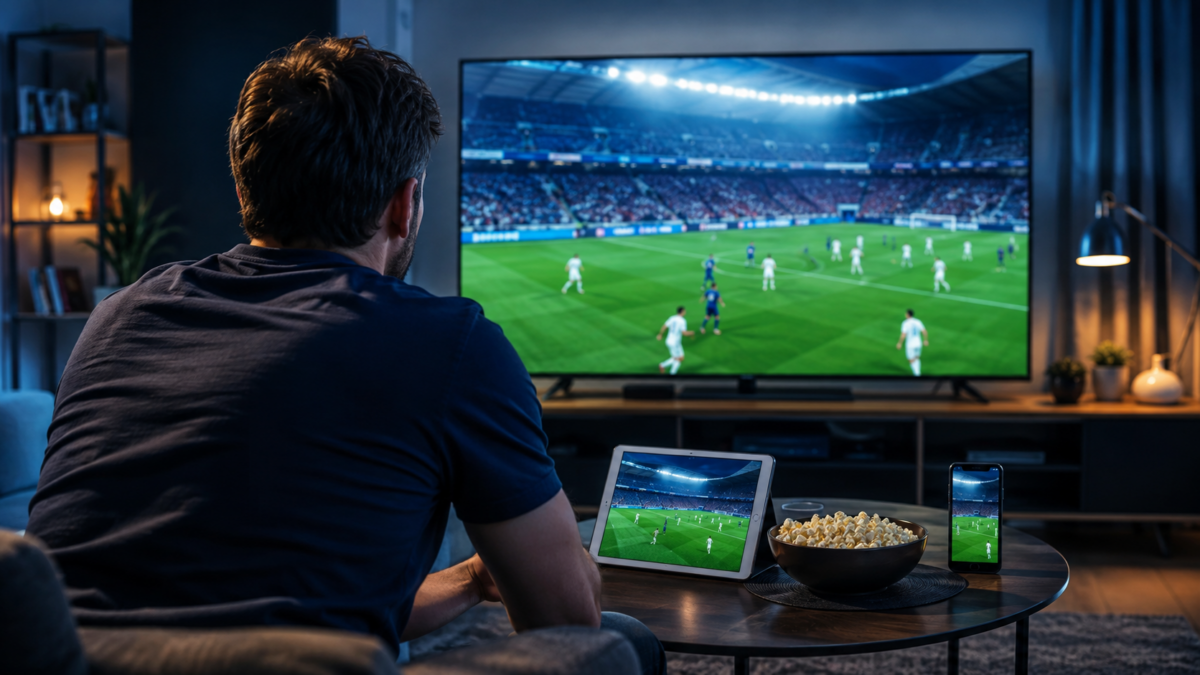 Futballközvetítést néző szurkoló televízióval és mobileszközökkel