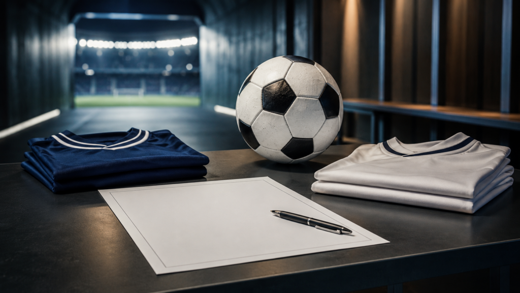 Labdarúgó átigazolását jelképező szerződés és futballfelszerelés
