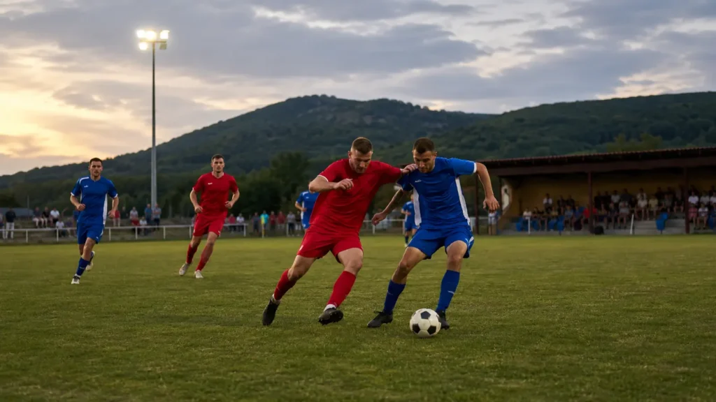Komárom-Esztergom vármegyei kupamérkőzés egy helyi futballpályán